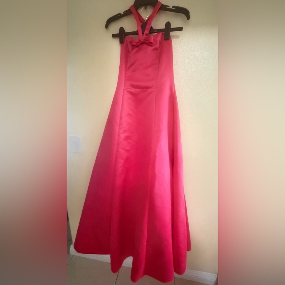 Preowned Scott McClintock Hot Pink Satin Halter Vintage Formal Evening Gown